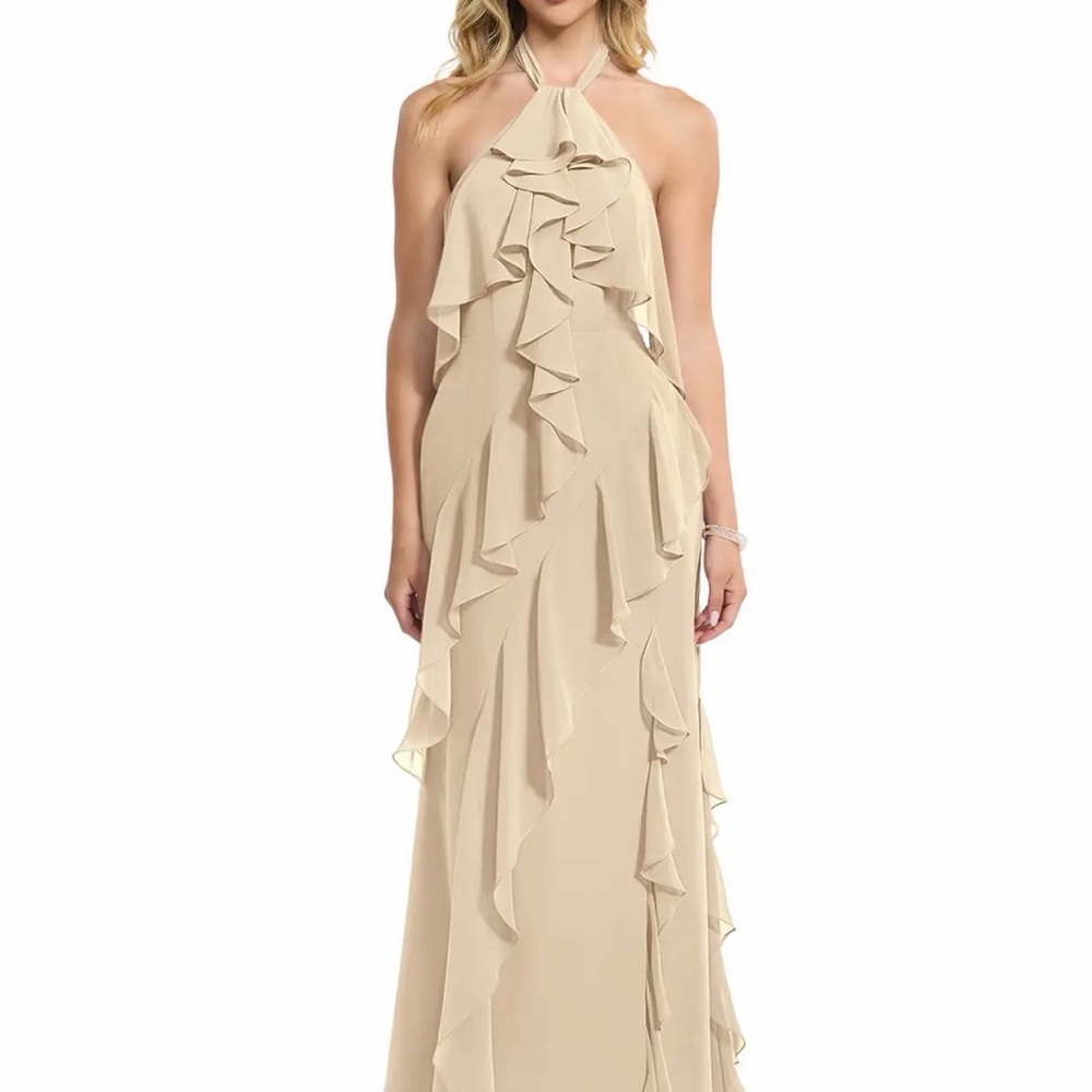 Azazie Cream Ruffle Maxi Dress